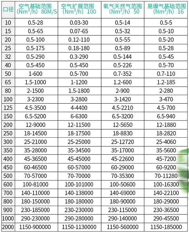 鍋爐用熱式質(zhì)量流量計(jì)口徑流量范圍表