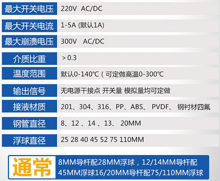 油罐浮球液位計技術(shù)參數(shù)對照表