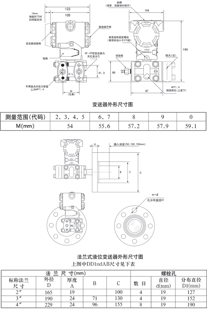 天然氣液位變送器規(guī)格尺寸表